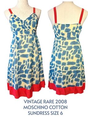 Moschino Vintage Blue & Cream Abstract Geo Print Midi Dress with Red Trim Size 6